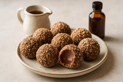 Maple Pecan Truffles on a plate, one bitten