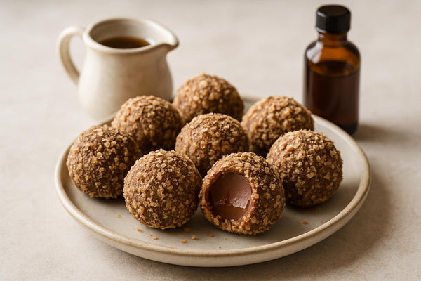 Maple Pecan Truffles on a plate, one bitten