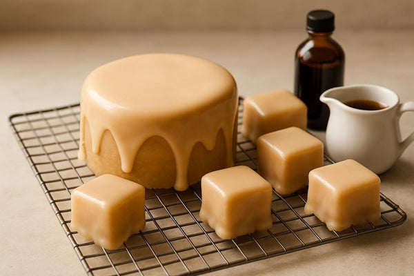 Cake coated in glossy maple poured fondant icing