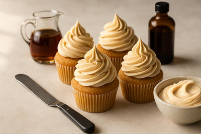Cupcakes piped with maple Swiss meringue buttercream frosting