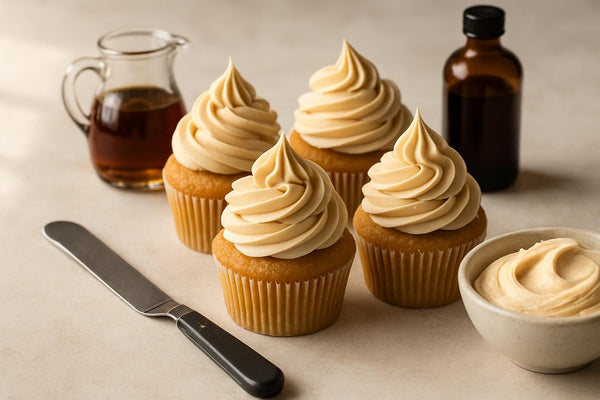 Cupcakes piped with maple Swiss meringue buttercream frosting