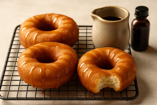 Doughnuts finished with maple syrup drizzle on a cooling rack