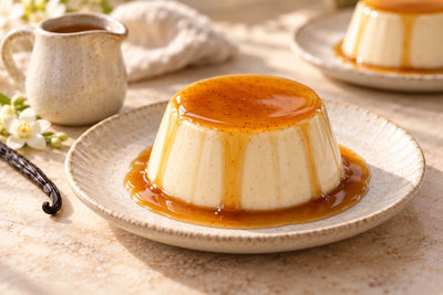 Maple Vanilla Panna Cotta, unmolded on a plate with vanilla beans