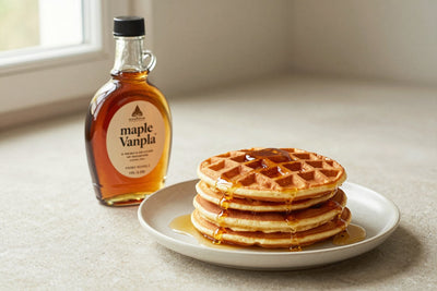 A small glass bottle of maple vanilla syrup with a pour spout, beside an iced latte sweetened with it