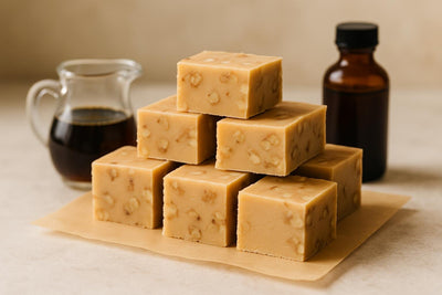 Squares of maple walnut fudge on parchment