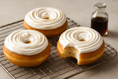 Doughnuts finished with marshmallow frosting on a cooling rack