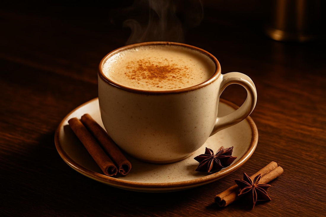 Masala Chai in a ceramic mug on an oak bar
