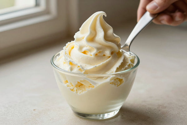 A generous swirl of mascarpone gelato in a small glass cup with a flat gelato spade