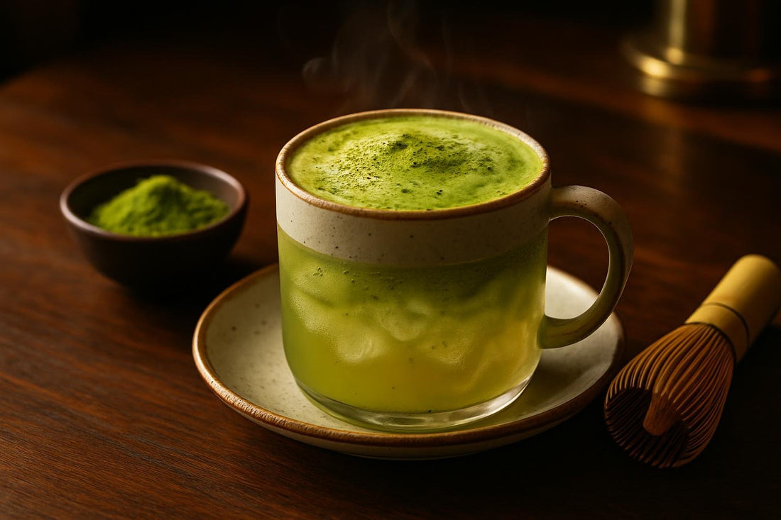 Matcha Coconut Water in a ceramic mug on an oak bar