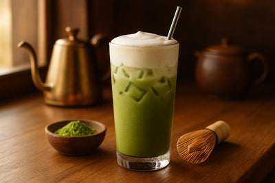 Matcha Cream Cold Foam in a glass on an oak café counter