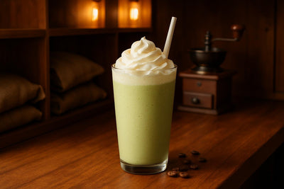 Matcha Frappé in a glass on an oak bar