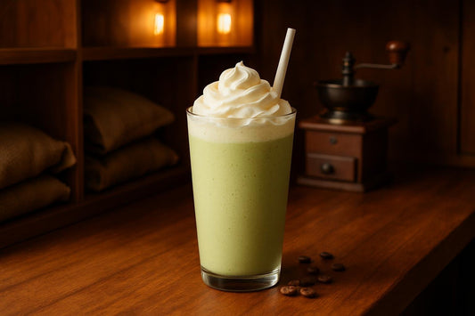 Matcha Frappé in a glass on an oak bar
