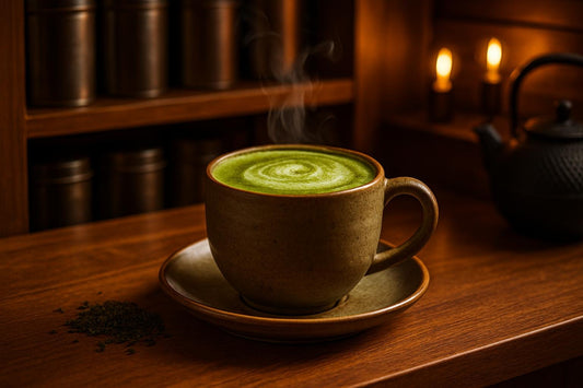 Matcha Latte in a ceramic mug on an oak bar