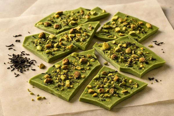 Shards of matcha pistachio bark on parchment