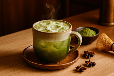 Matcha Tonic in a ceramic mug on an oak kitchen island
