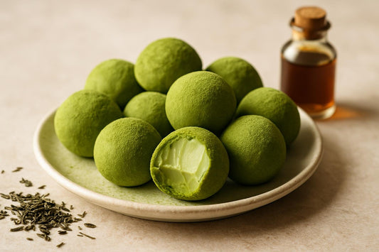Matcha White Chocolate Truffles on a plate, one bitten