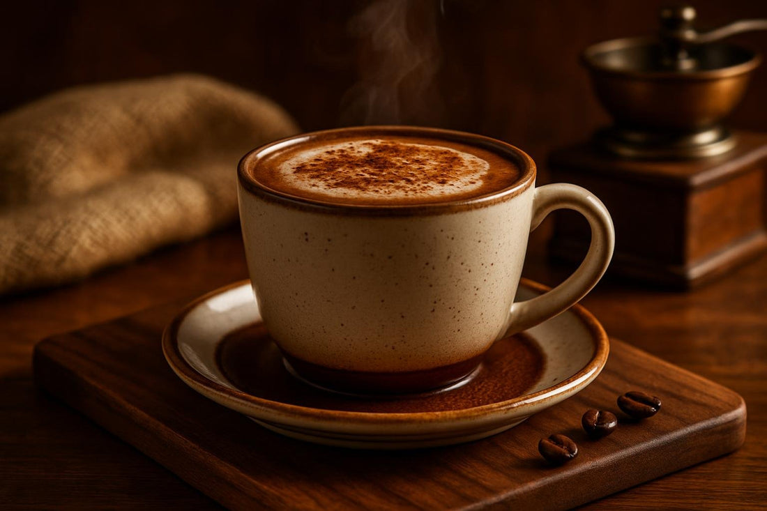 Mexican Mocha in a ceramic mug on an oak serving board