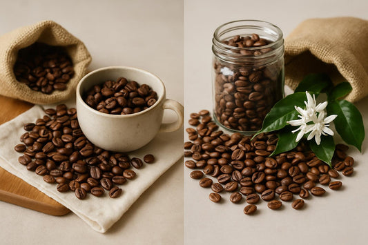 Mexican and Colombian coffee beans displayed side by side for comparison