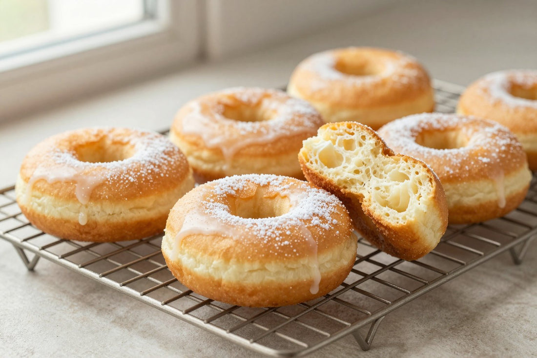 Fresh milk-bread tangzhong doughnuts on a wire cooling rack, one broken open to show the tender inside