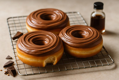 Doughnuts finished with milk chocolate ganache topping on a cooling rack