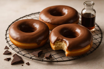 Doughnuts finished with milk chocolate glaze on a cooling rack