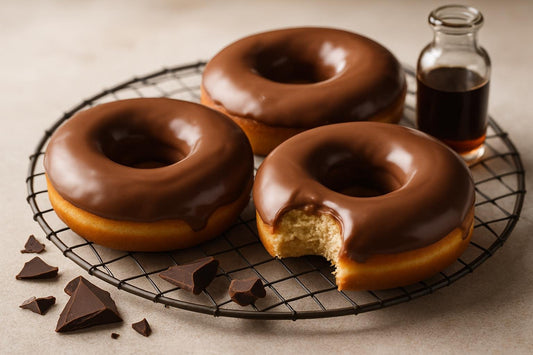 Doughnuts finished with milk chocolate glaze on a cooling rack