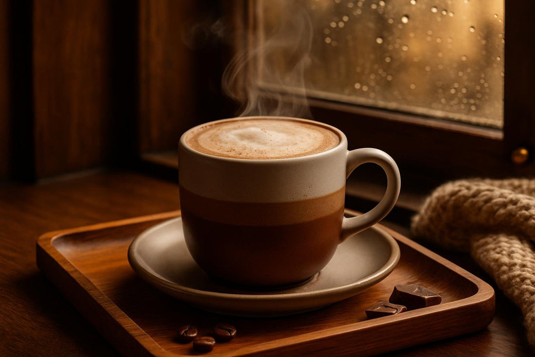 Milk Chocolate Mocha in a ceramic mug on an oak tray by a window