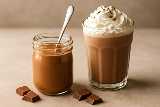 A small glass jar of smooth, light-brown milk chocolate sauce with a spoon, beside a chocolate milkshake with whipped cream