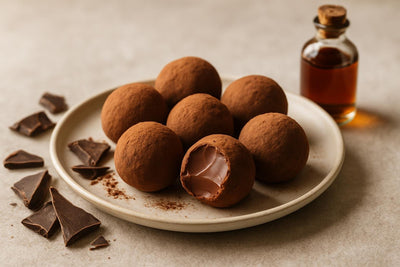 Milk Chocolate Truffles on a plate, one bitten