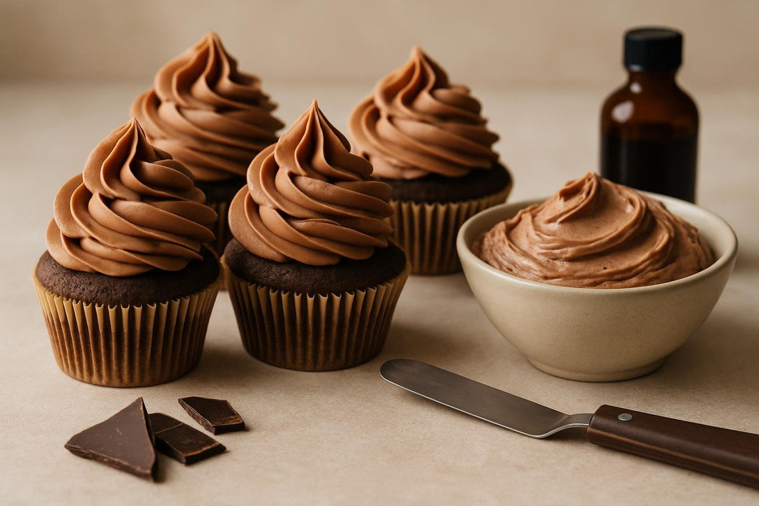 Cupcakes piped with milk chocolate whipped ganache frosting
