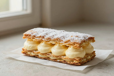 Mille-feuille (napoleon) on parchment, showing crisp, flaky, deep golden layers