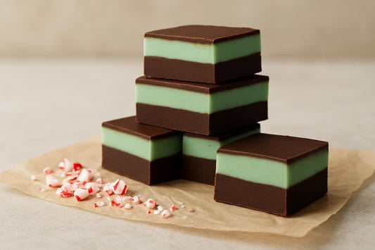 Squares of mint chocolate fudge on parchment