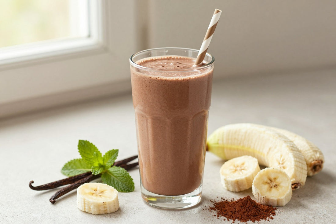 A tall glass of thick, creamy mint chocolate protein shake with a straw, a few of its fresh ingredients beside it