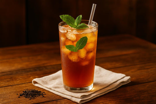Mint Iced Tea in a glass on an oak table