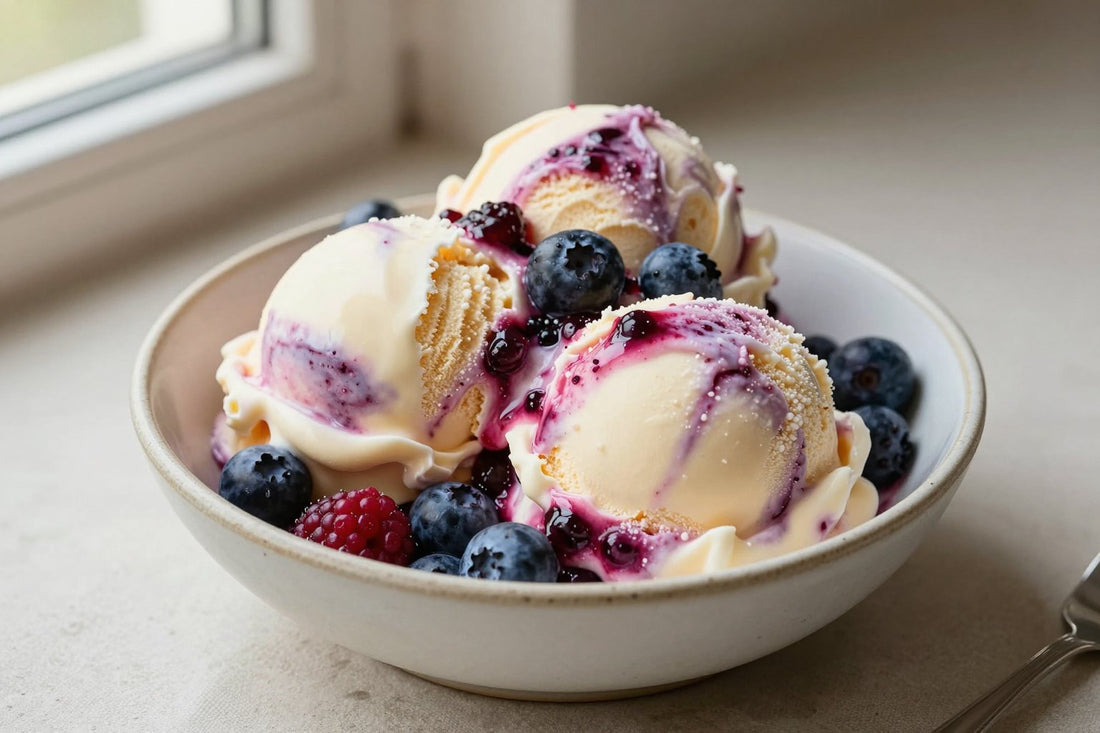 Two generous scoops of mixed berry ice cream in a shallow ceramic bowl, softly melting at the edges