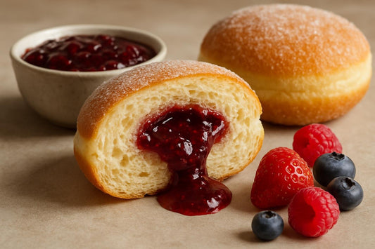 Filled doughnut cut open to show mixed berry jam filling