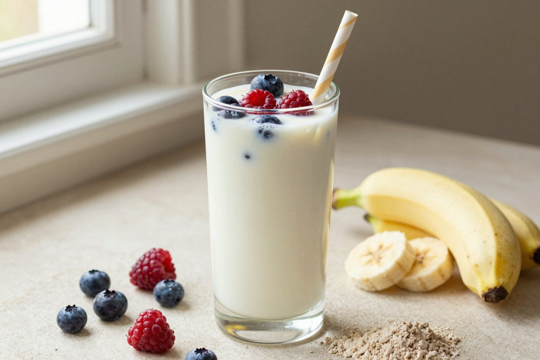 A tall glass of thick, creamy mixed berry kefir protein shake with a straw, a few of its fresh ingredients beside it