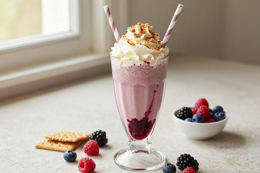Mixed Berry Pie Milkshake in a glass