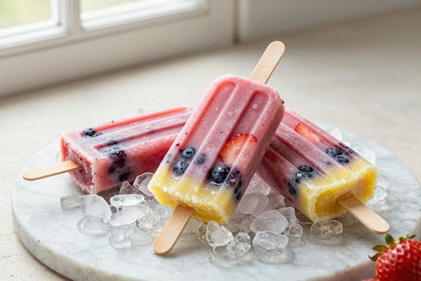 Three mixed berry popsicles on a bed of crushed ice on a light marble surface, one with a bite taken out