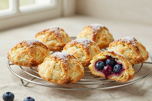 Golden mixed berry turnovers on a wire rack, one cut open to show the filling