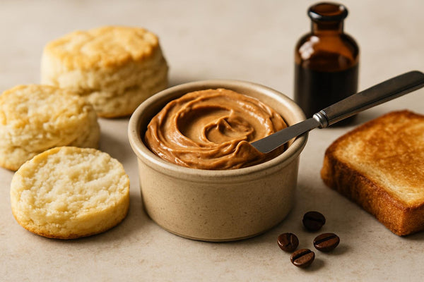 Mocha Butter in a crock with warm biscuits