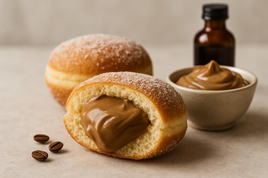 Filled doughnut cut open to show mocha custard