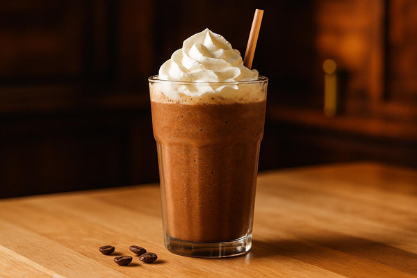 Mocha Frappé in a glass on an oak kitchen island