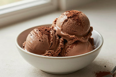 Two generous scoops of mocha ice cream in a shallow ceramic bowl, softly melting at the edges