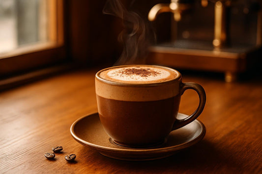 Mocha Latte in a ceramic mug on an oak café counter