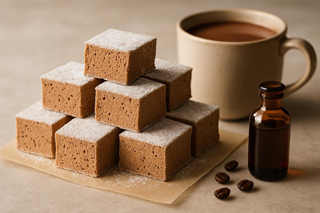 Squares of homemade mocha marshmallows