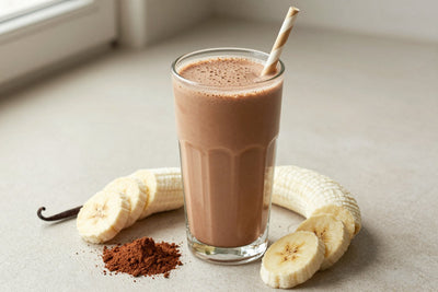 A tall glass of thick, creamy mocha protein shake with a straw, a few of its fresh ingredients beside it