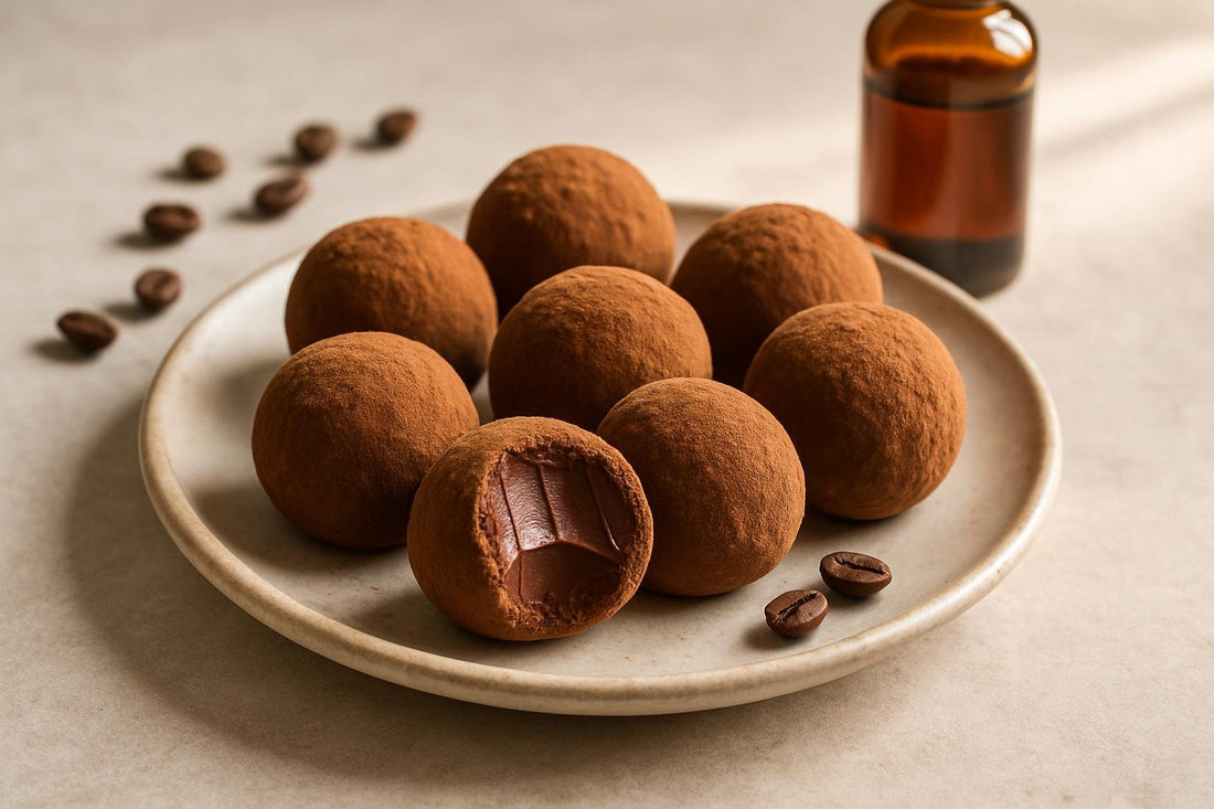 Mocha Truffles on a plate, one bitten