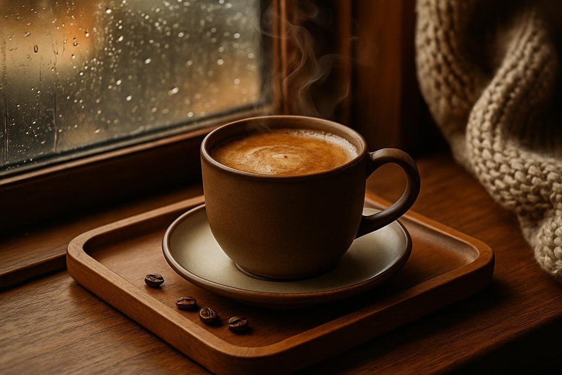 Moka Pot Coffee in a ceramic mug on an oak tray by a window