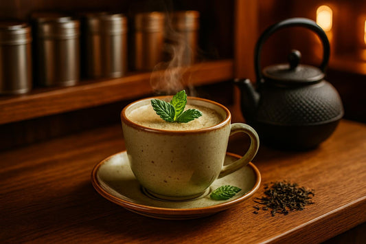 Moroccan Mint Tea in a ceramic mug on an oak bar